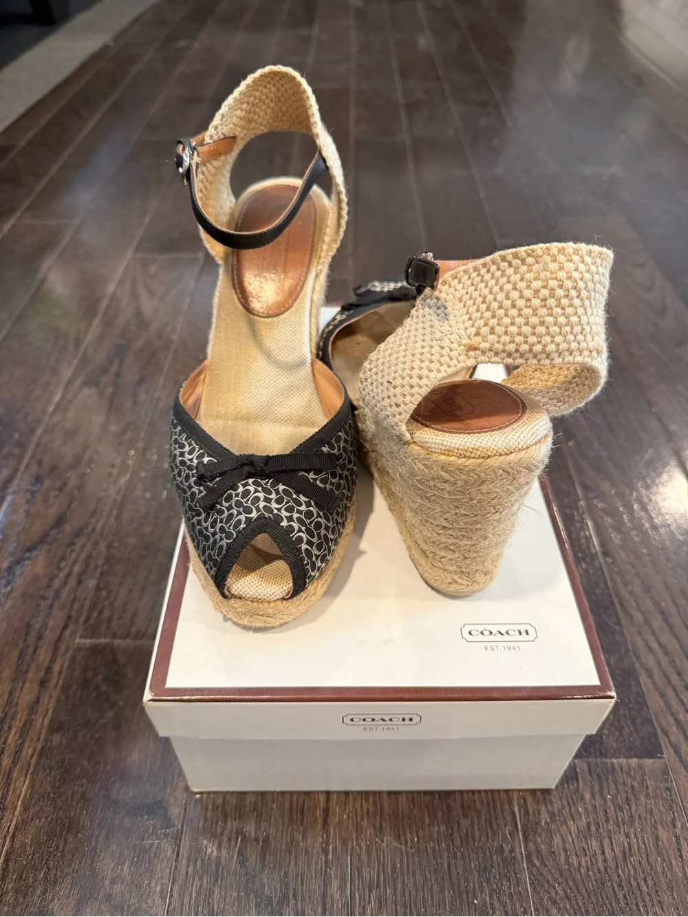 Coach Black Signature Canvas Peep-Toe Espadrille Wedges
